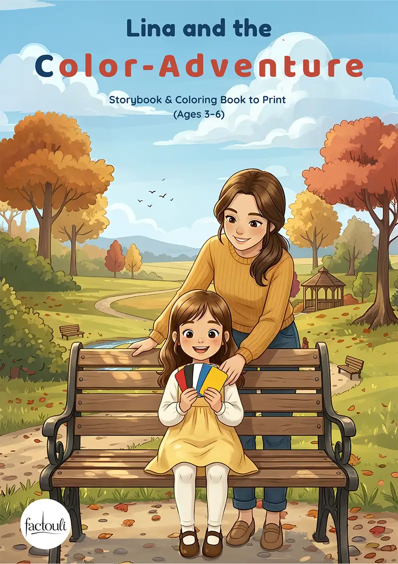 Cover of Lina and the Color-Adventure, showing Lina sitting on a park bench in autumn holding colorful cards, her mom behind her