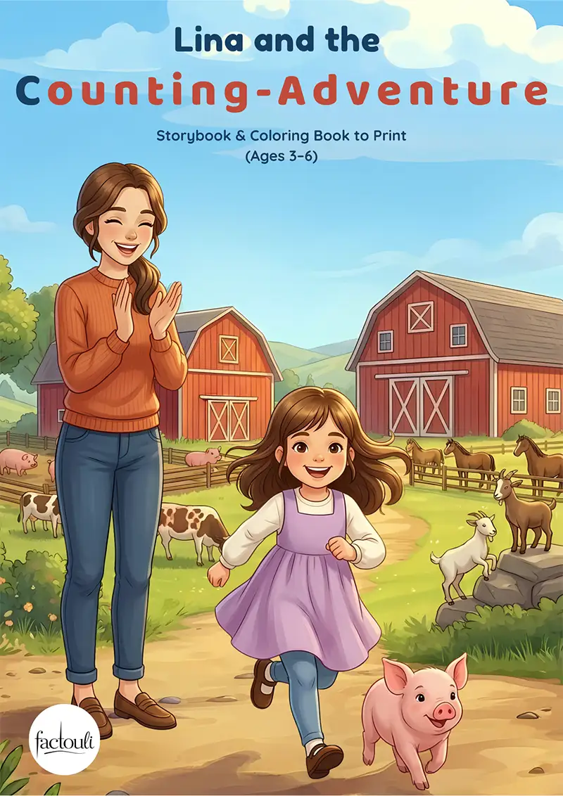 Cover of Lina and the Counting-Adventure, showing Lina running past a red barn with a piglet beside her, her mom clapping