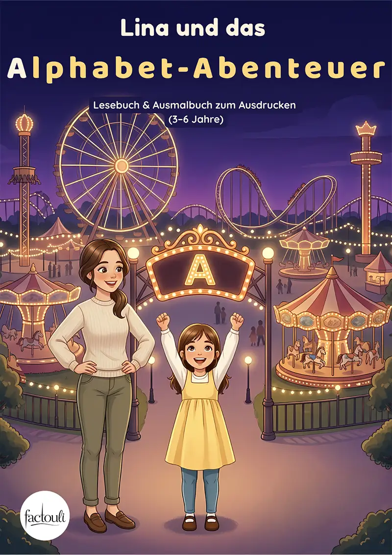 Cover aus der Lernbücher-Reihe von factouli: Lina und das Alphabet-Abenteuer, Lina und ihre Mama nachts auf einem Rummelplatz unter einem leuchtenden Buchstaben A