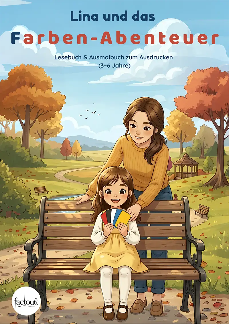 Cover von Lina und das Farben-Abenteuer. Lina sitzt im Herbst auf einer Parkbank mit bunten Karten in der Hand, ihre Mama steht hinter ihr