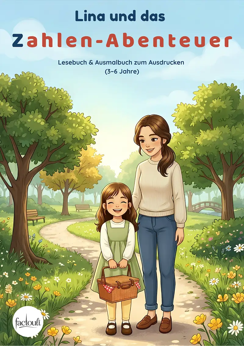 Cover von Lina und das Zahlen-Abenteuer: Lina und ihre Mama gehen einen Gartenweg entlang, Lina trägt einen Picknickkorb.