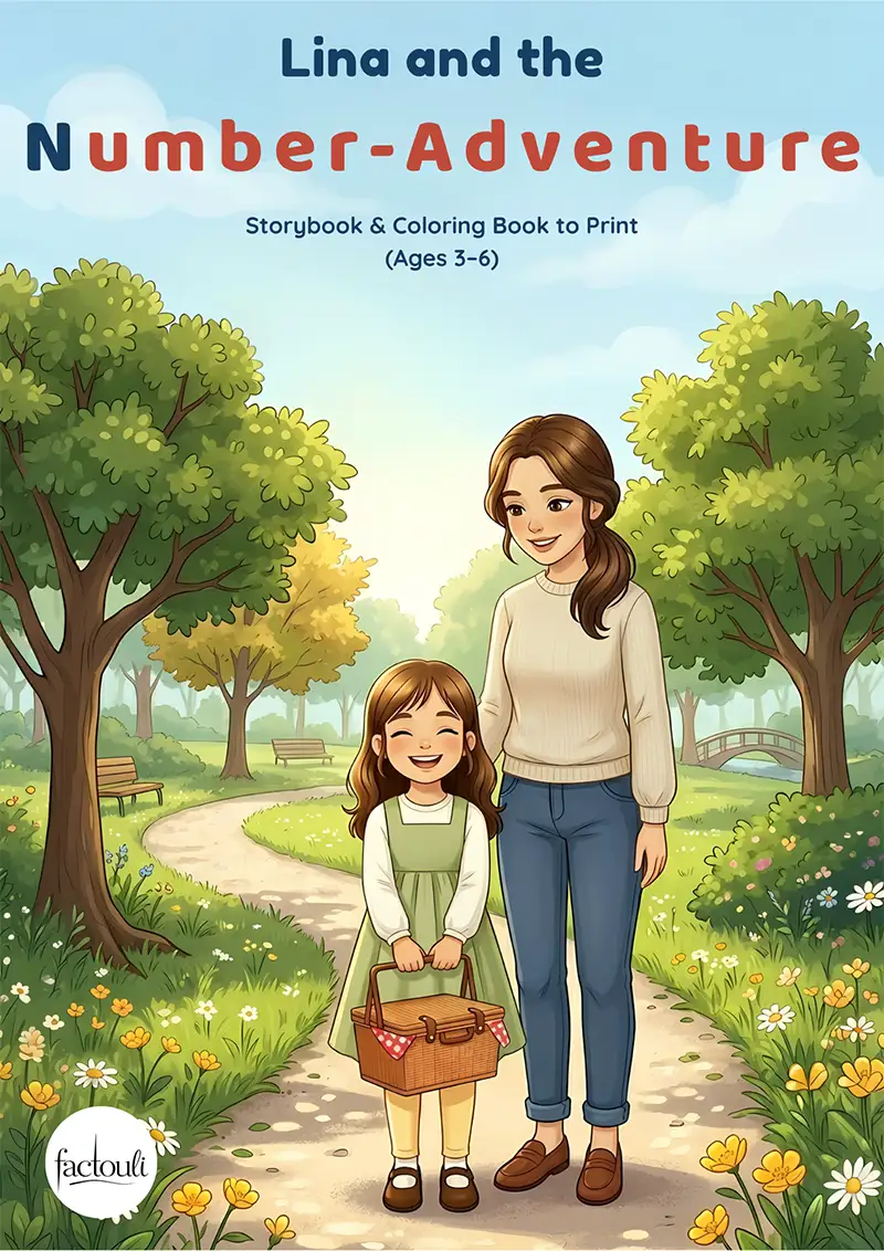 Cover of Lina and the Number-Adventure, showing Lina and her mom walking a garden path, Lina carrying a picnic basket
